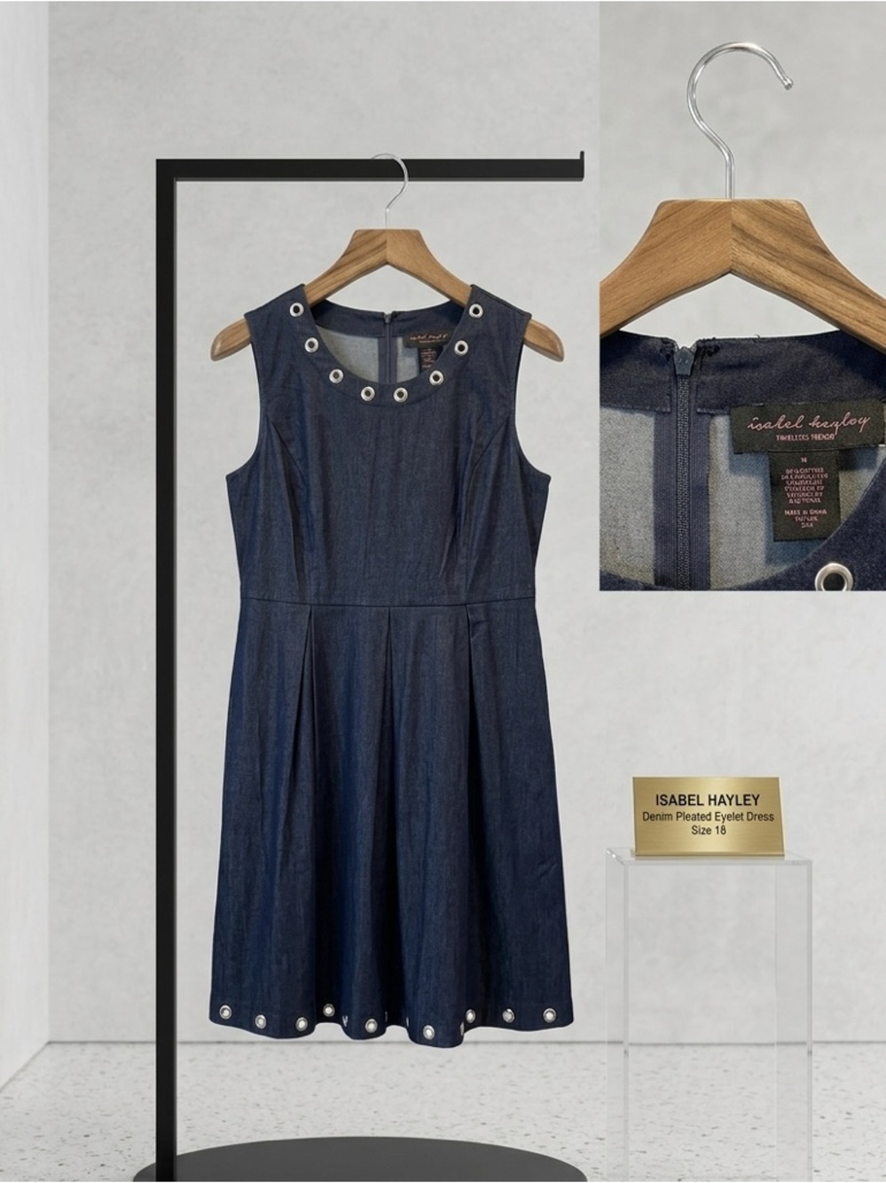 Navy Denim Eyelet Midi Dress